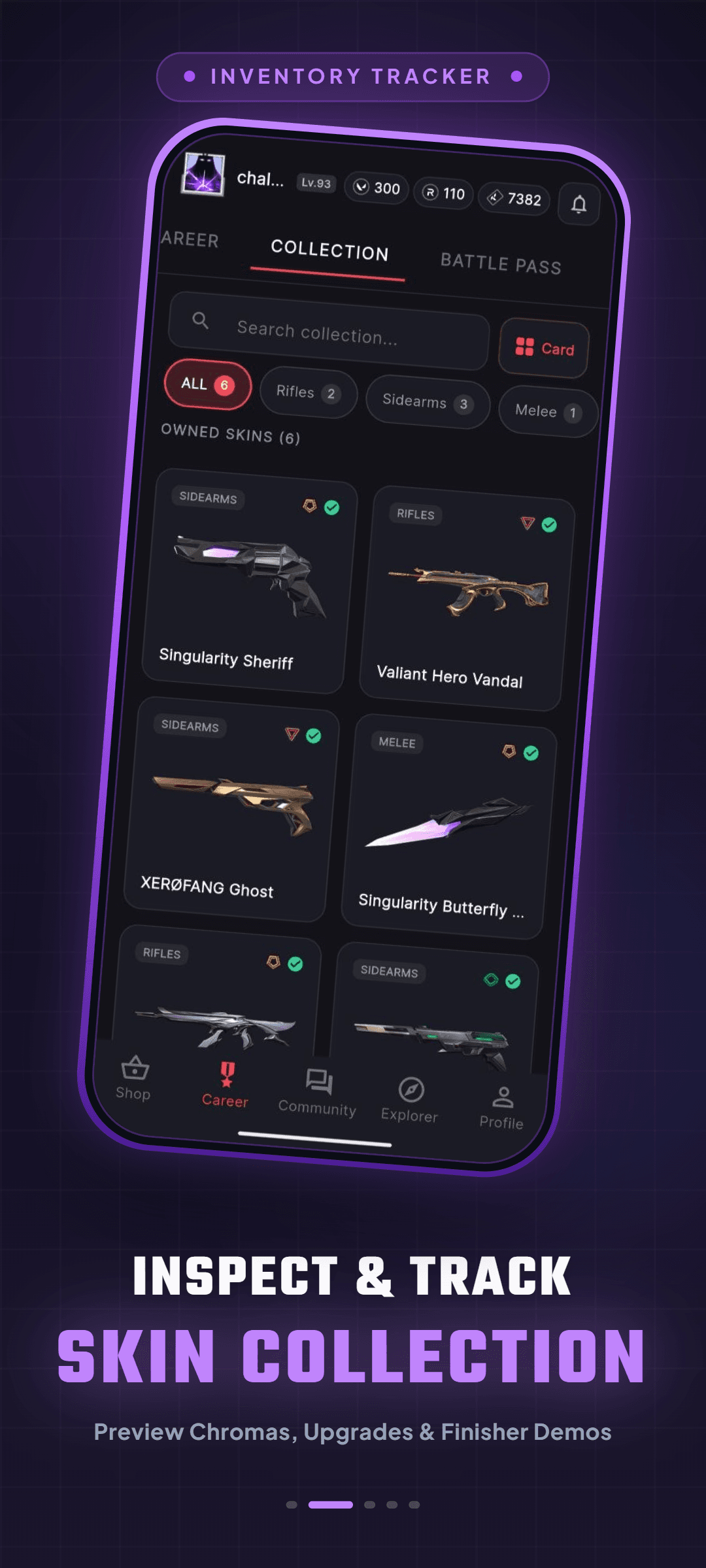 Collection screen with search, weapon filters, and owned skins