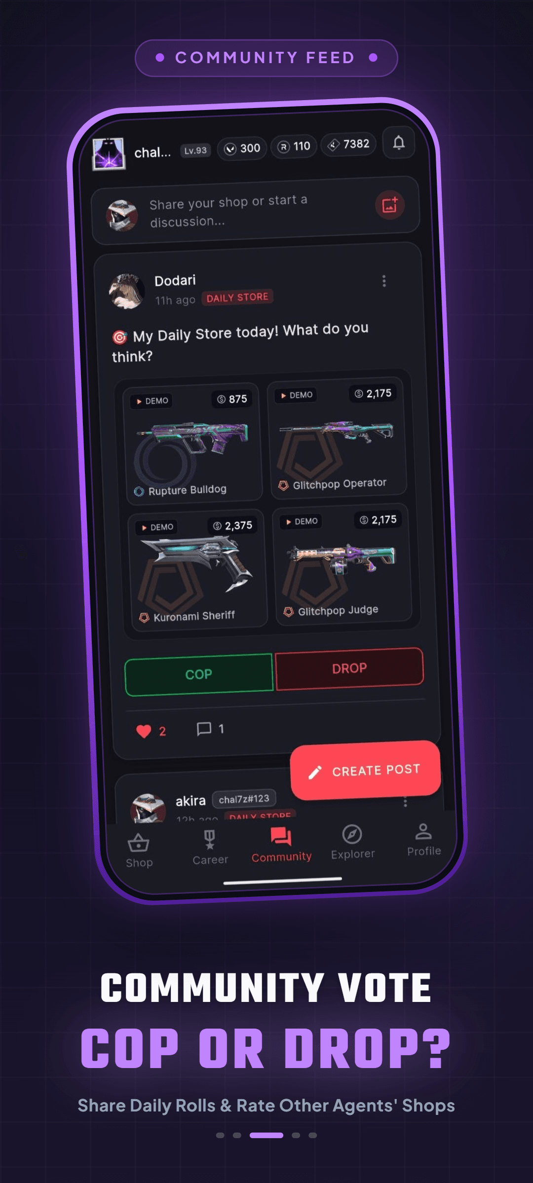 Community feed showing a Daily Store post with Cop or Drop voting