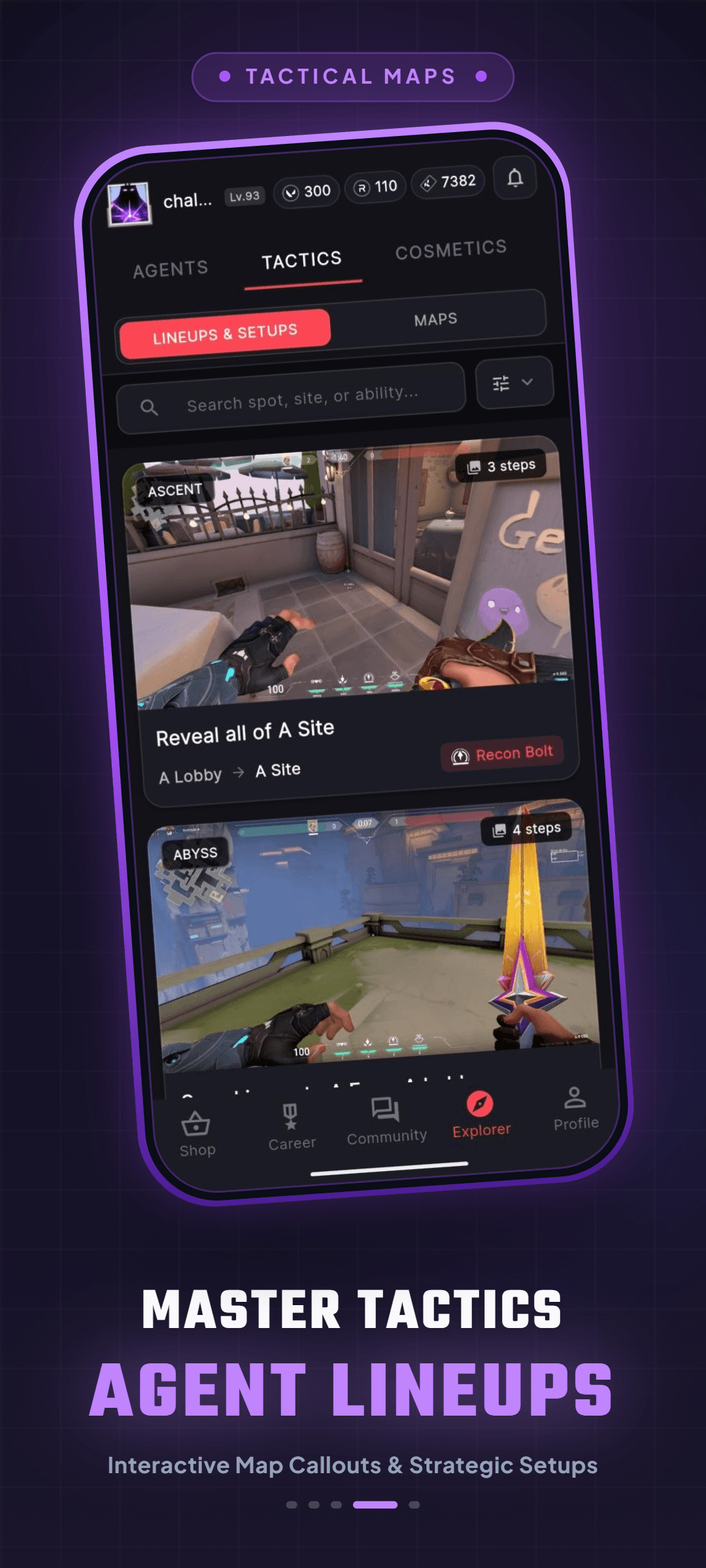 Tactical Maps screen showing searchable lineups and map setups