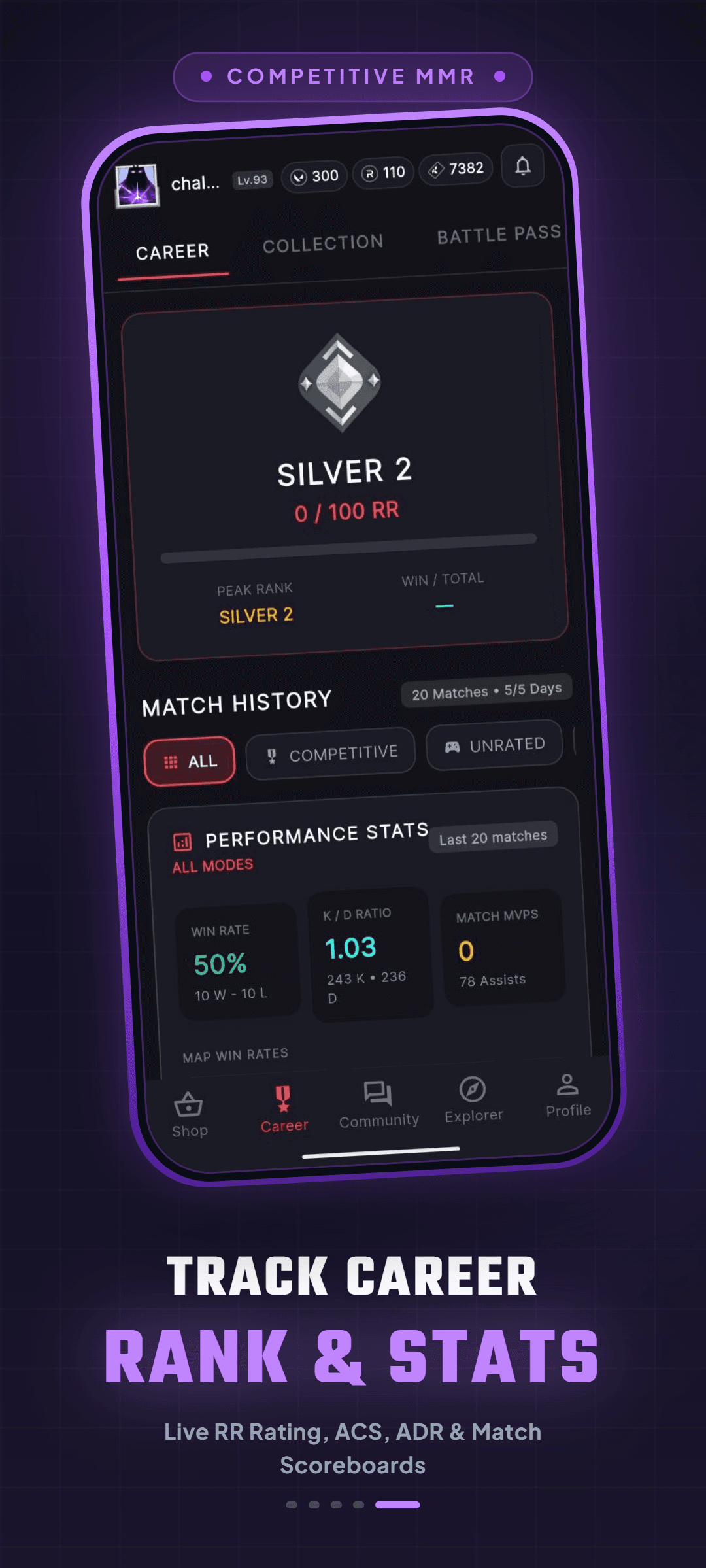 Career screen showing Silver 2 rank, RR, match history, and performance stats